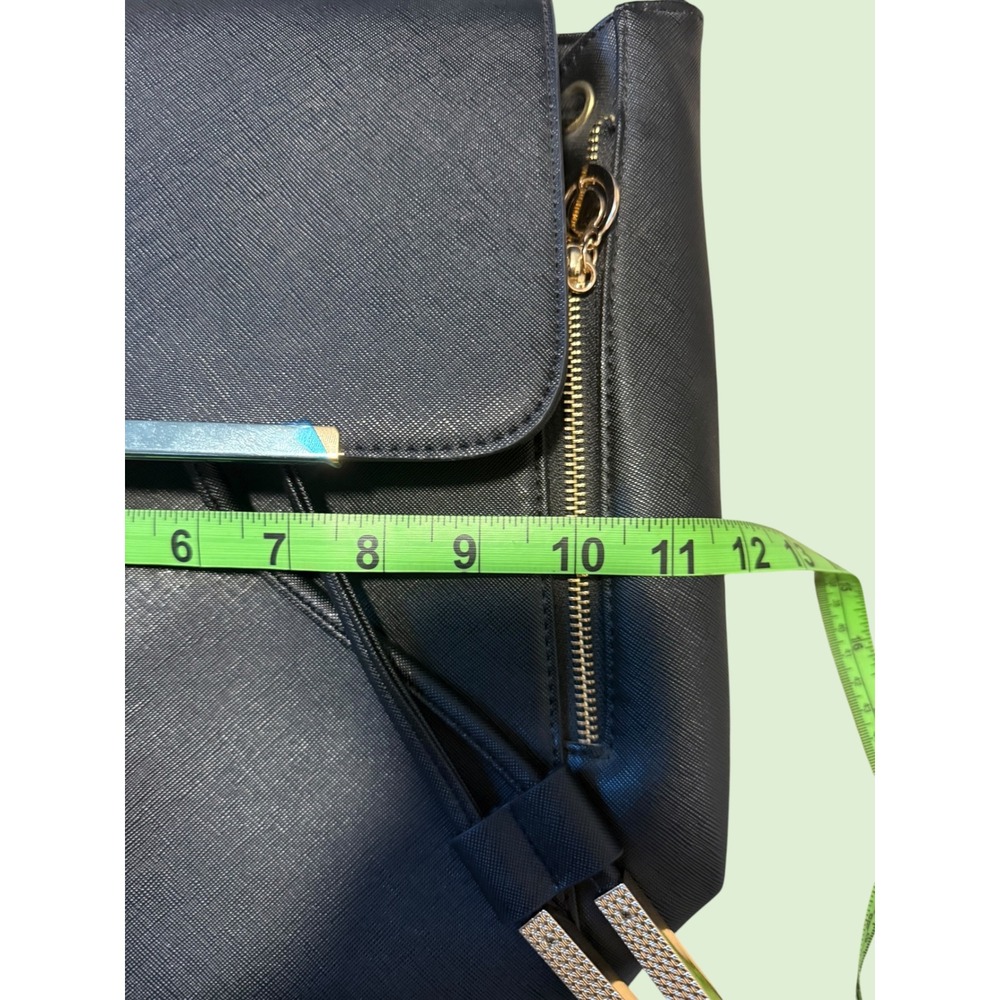 Black Saffiano Vegan Leather Backpack Gold Hardware Drawstring Flap Small Bag - Picture 7 of 7